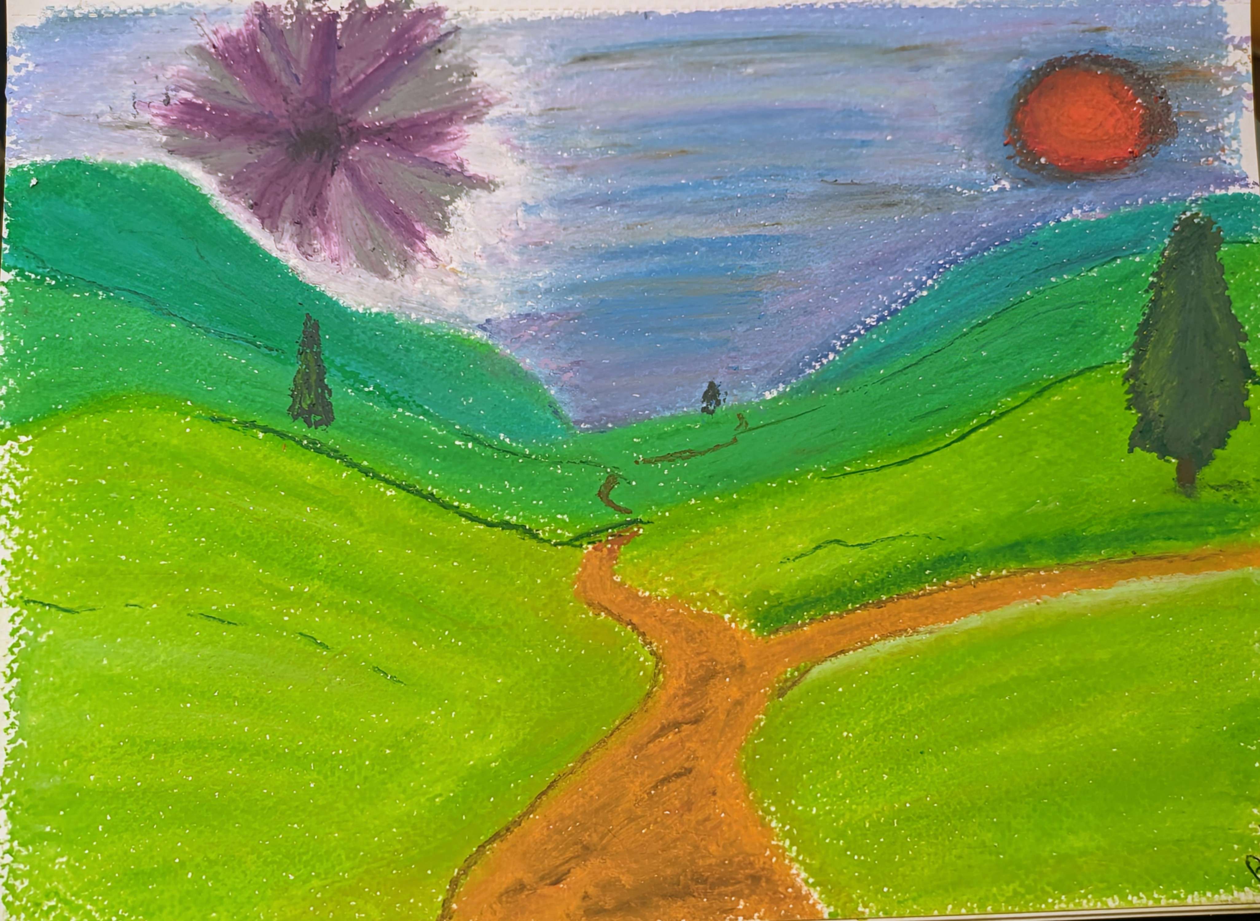 Oil pastel drawing of rolling hills with the occasional tree. A road in the center of the drawing leads through the hills. The sky has two focal points, a blood-red sun and a deep purple 'hole' surrounded by white light.